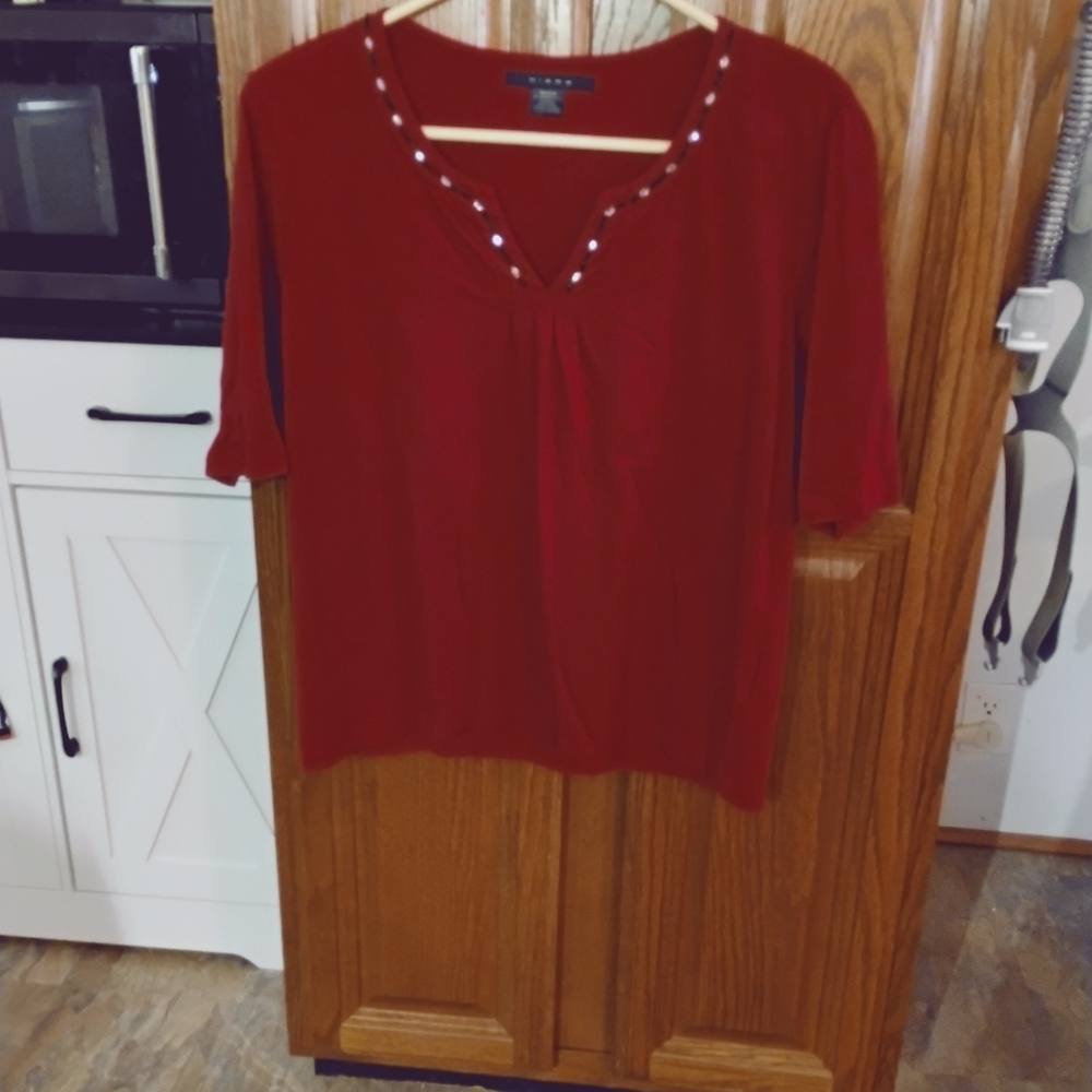 Kiara Deep Red V-Neck Short Sleeve Top with Neckline Studs